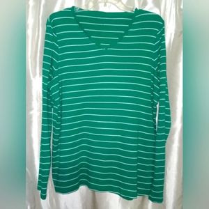 Kim Rogers 5 in 1 cotton tee , v-neck, green/white stripes, long sleeves…